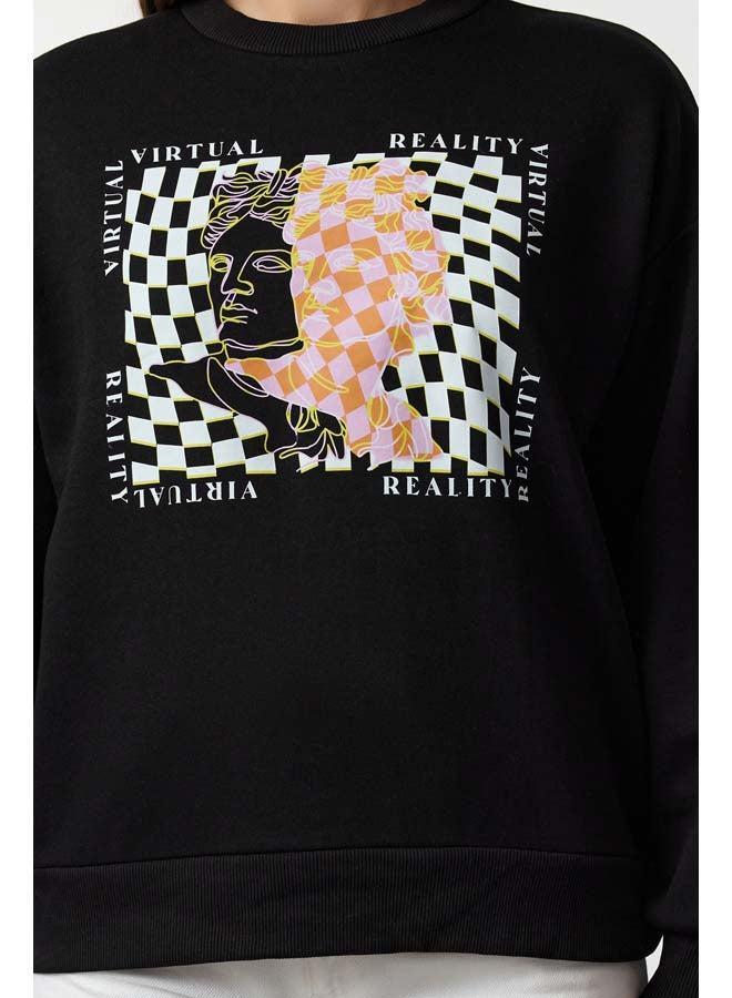 trendyol Black Fine Printed Regular Cut Knitted Sweatshirt TWOAW22SW0180  - Image 4