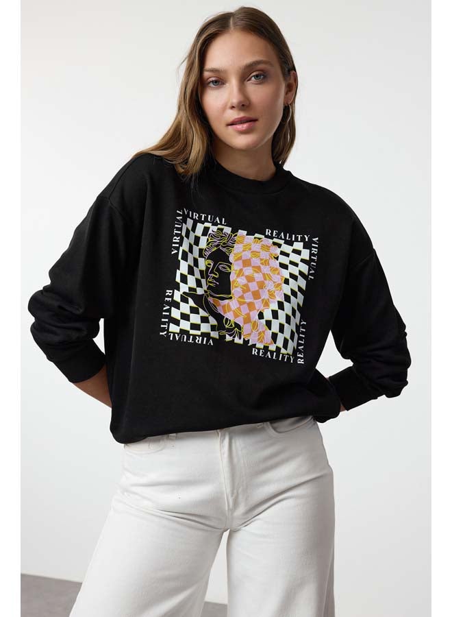 trendyol Black Fine Printed Regular Cut Knitted Sweatshirt TWOAW22SW0180  - Image 1