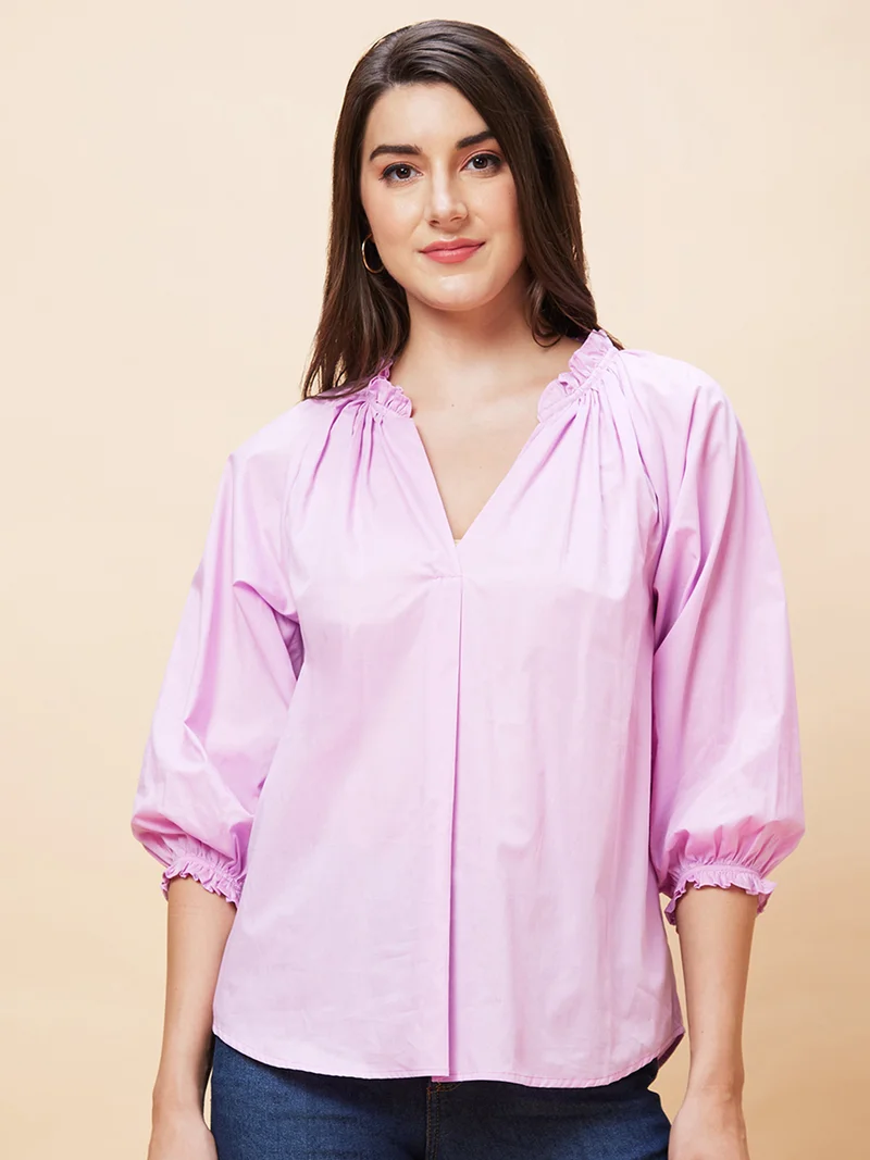 globus Women Pink Gathered Detailed V-Neck Puff Sleeve Pure Cotton Top