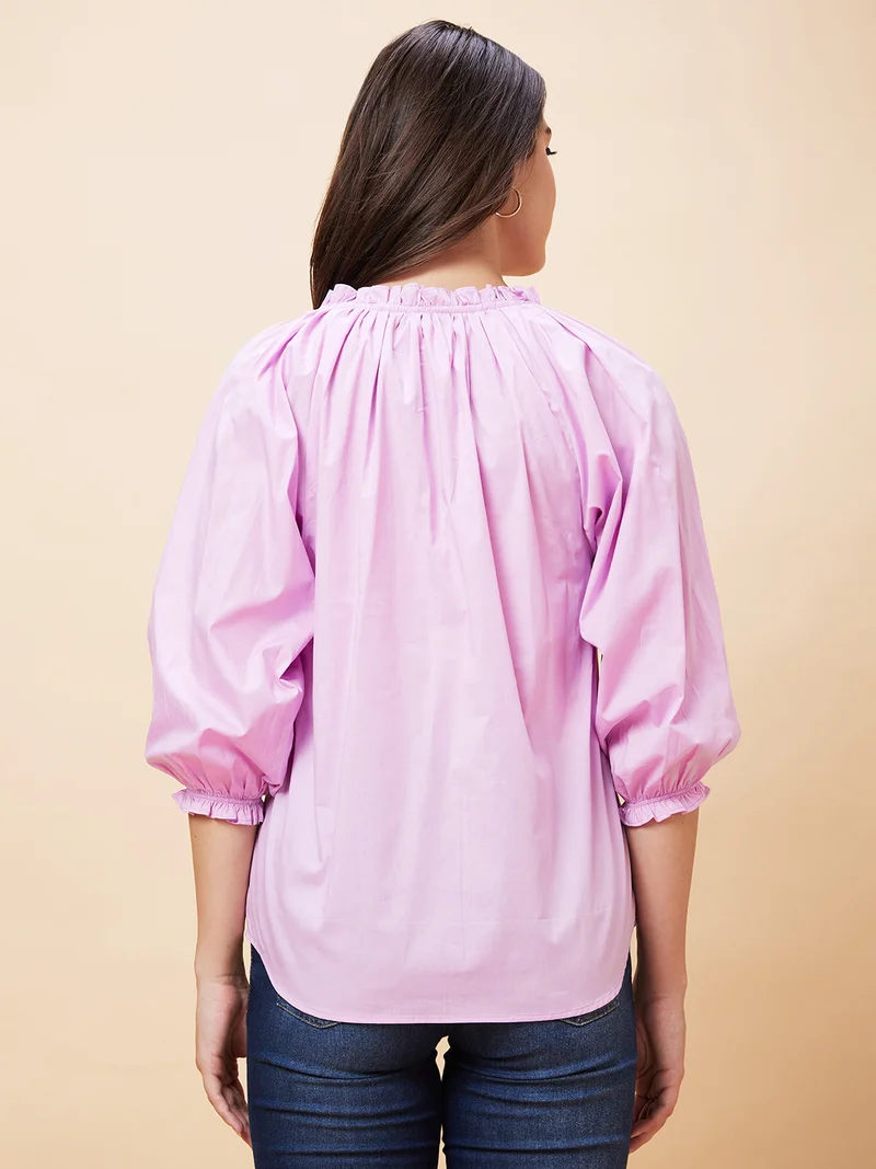 globus Women Pink Gathered Detailed V-Neck Puff Sleeve Pure Cotton Top