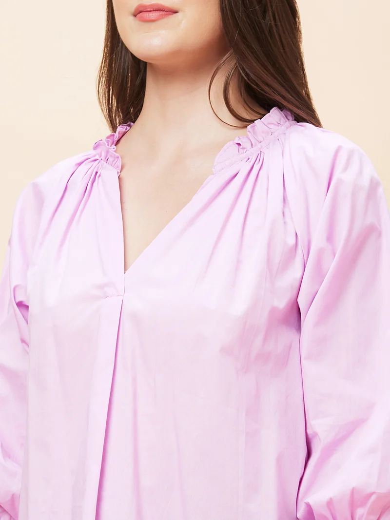 globus Women Pink Gathered Detailed V-Neck Puff Sleeve Pure Cotton Top