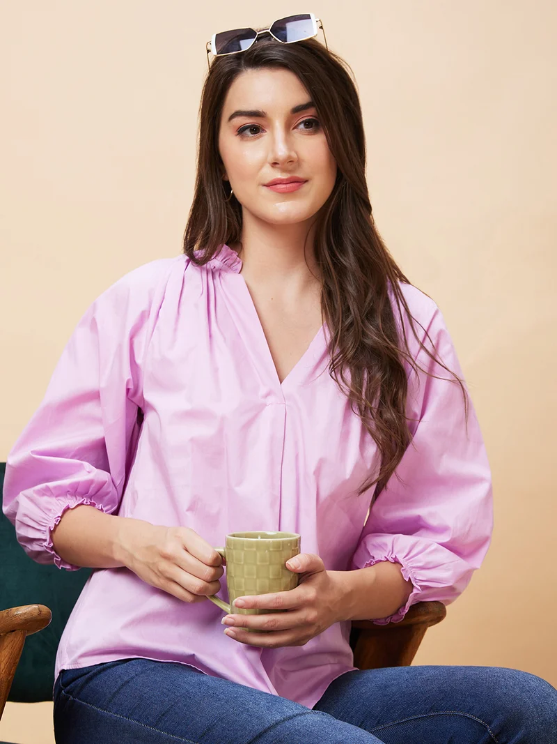 globus Women Pink Gathered Detailed V-Neck Puff Sleeve Pure Cotton Top
