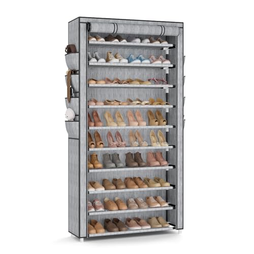 VTRIN Tall Shoe Rack with Cover 10 Tier Shoe Organizer Storage for 5055 Pairs Shoes and Boots Large Capacity Shoe Shelf with 8 Pockets Free Standing Shoe Rack for Closet Entryway Garage Printing