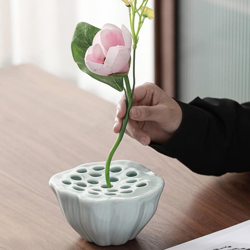 Eggone Lotus Pod Flower Arrangement Vase, Ceramic Flower Frog Pot, Ikebana Stem Holder, Decorative Flower Frog Container, Floral Arrangement Bowl for Tea Table, Ceramic Flower Vase Kenzan (Light Cyan) - Image 4