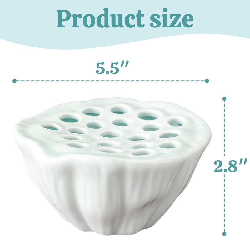 Eggone Lotus Pod Flower Arrangement Vase, Ceramic Flower Frog Pot, Ikebana Stem Holder, Decorative Flower Frog Container, Floral Arrangement Bowl for Tea Table, Ceramic Flower Vase Kenzan (Light Cyan) - Image 3