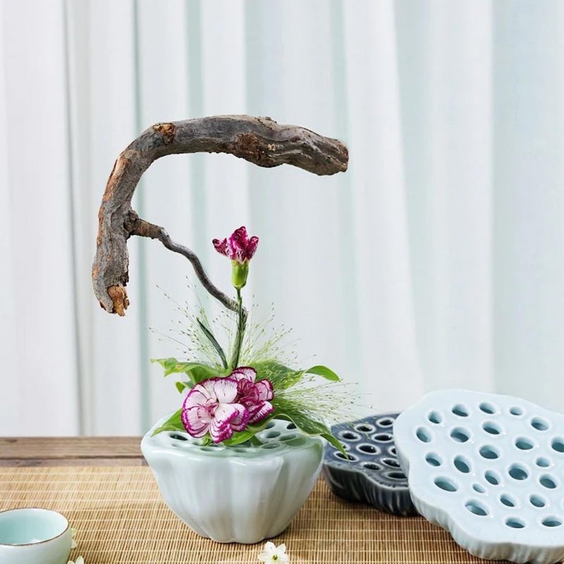 Eggone Lotus Pod Flower Arrangement Vase, Ceramic Flower Frog Pot, Ikebana Stem Holder, Decorative Flower Frog Container, Floral Arrangement Bowl for Tea Table, Ceramic Flower Vase Kenzan (Light Cyan) - Image 5