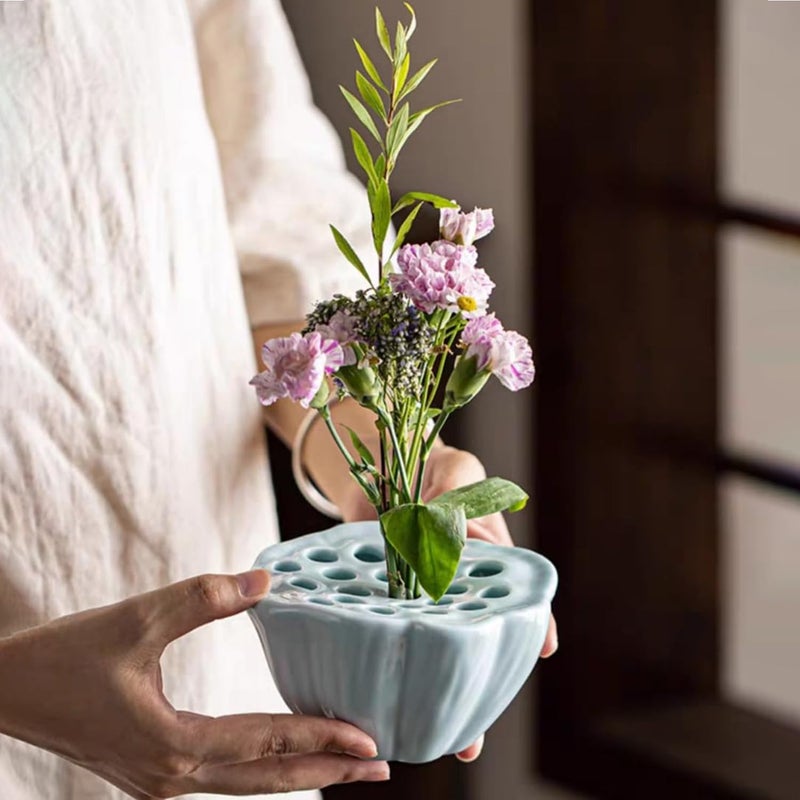 Eggone Lotus Pod Flower Arrangement Vase, Ceramic Flower Frog Pot, Ikebana Stem Holder, Decorative Flower Frog Container, Floral Arrangement Bowl for Tea Table, Ceramic Flower Vase Kenzan (Light Cyan) - Image 2