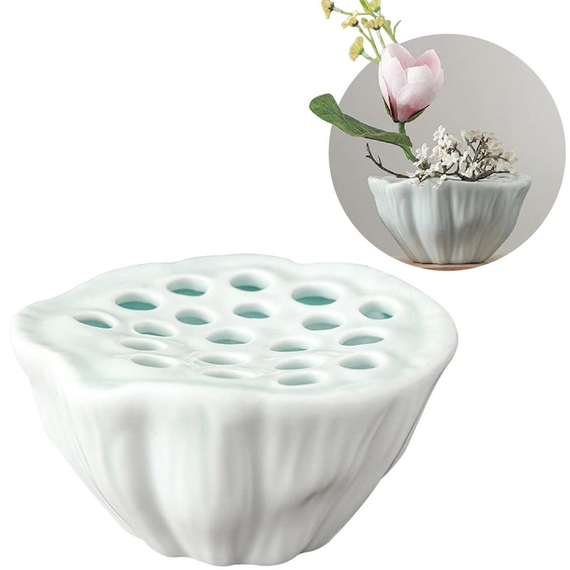 Eggone Lotus Pod Flower Arrangement Vase, Ceramic Flower Frog Pot, Ikebana Stem Holder, Decorative Flower Frog Container, Floral Arrangement Bowl for Tea Table, Ceramic Flower Vase Kenzan (Light Cyan) - Image 1