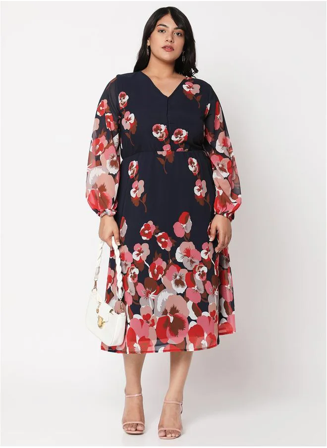 ميش Plus Fit and Flared Floral Print Midi Dress