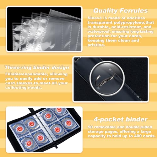 Jravkfi 4 Pocket Trading Card Binder,400 Pockets Trading Card Collection Book with Sleevese,3-ring Zipper Sports Card Album with 50 Removable Double-Sided Card Holder (Black) - Image 5