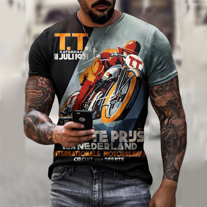 2022 European and American foreign trade cross-border new men's motorcycle casual digital printing slim pullover men's T-shirt TTA40-585 3XL - Image 1