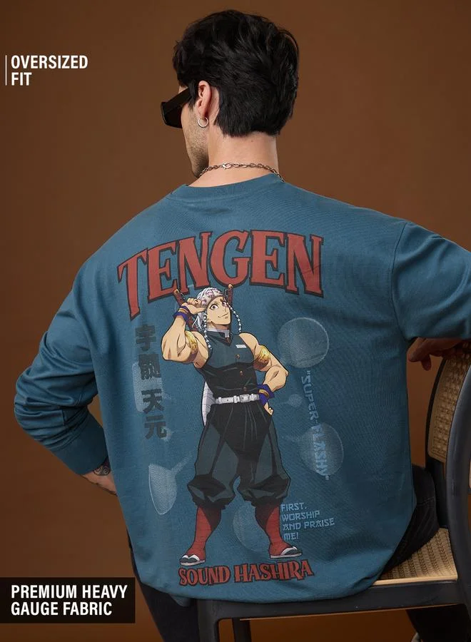 Men Teal Oversized Graphic Long Sleeve T-Shirt