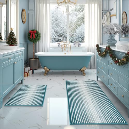 BSICPRO Bathroom Rugs Sets 2 Piece Thick Absorbent Chenille Non Slip Soft Shaggy Bath Room Floor Mats Machine Washable 20 x 47 Plus 16 x 24 Teal