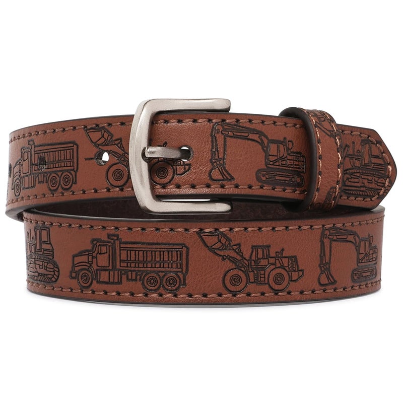 BC Belts Construction Equipment Kids Leather Belt Strap and Metal Buckle 1" Wide with Snaps - Excavator Dump Truck Bulldozer Tractor (Brown-M) - Image 4