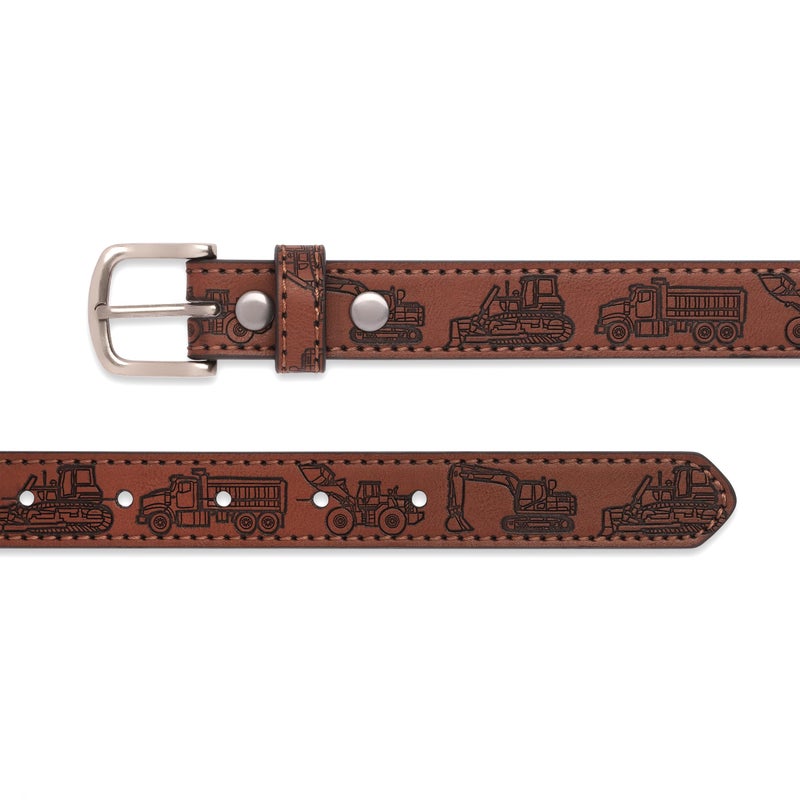 BC Belts Construction Equipment Kids Leather Belt Strap and Metal Buckle 1" Wide with Snaps - Excavator Dump Truck Bulldozer Tractor (Brown-M) - Image 2