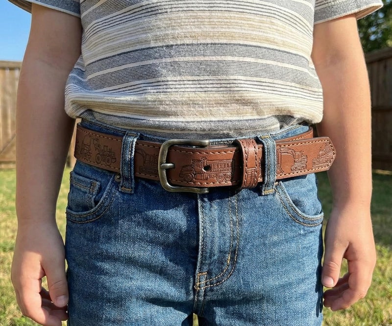 BC Belts Construction Equipment Kids Leather Belt Strap and Metal Buckle 1" Wide with Snaps - Excavator Dump Truck Bulldozer Tractor (Brown-M) - Image 3