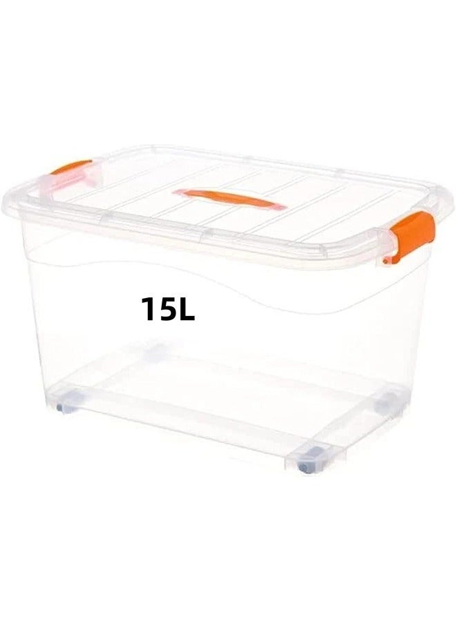 صندوق تخزين 15 لترًا مع غطاء قابل للقفل وعجلات منظم بلاستيكي شفاف، صندوق شفاف لتخزين الملابس والألعاب والأدوات والأدوية واللوازم المكتبية والمستندات والفنون والحرف اليدوية والمطبخ وما إلى ذلك - Image 1