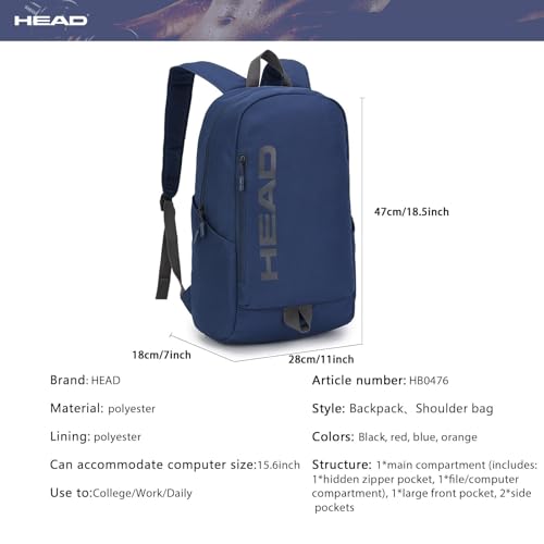 HEAD Waterproof Gym Backpack for Women/Men, Compact Laptop Backpack for College/Sport/Fitness/Work/Daily, (Navy Blue) - Image 4