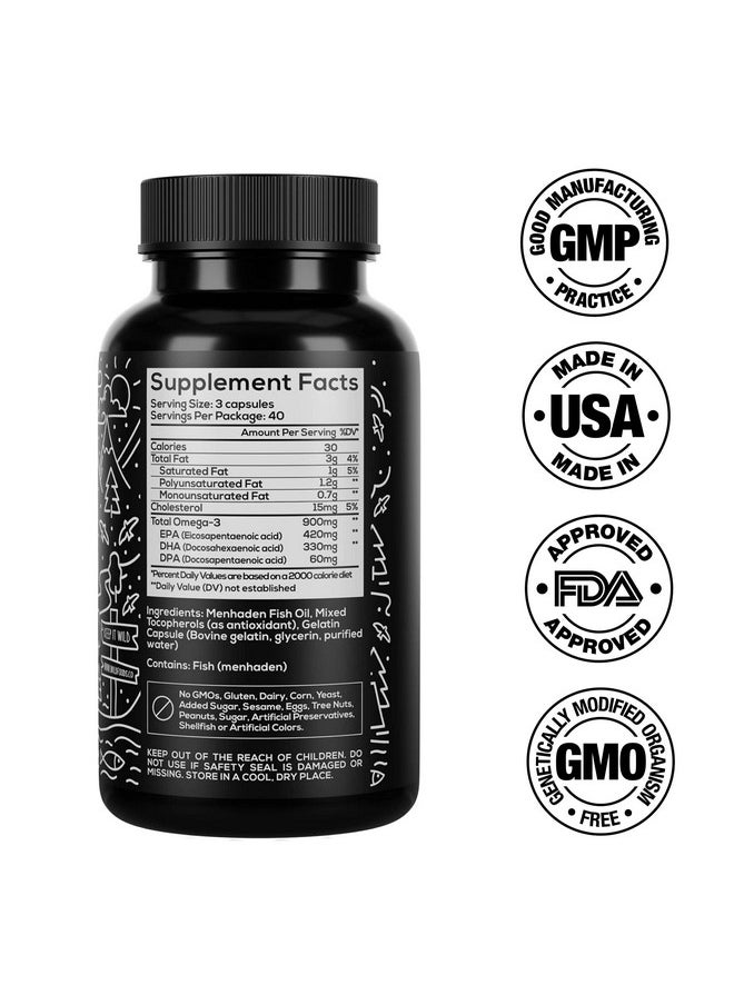 Wild Foods - Wild Fish Oil Omega 3 Supplement ; Dpa Dha & Epa Wild Menhaden Caught U.S. Processed ; Nongmo & Gluten Free Health Supplements ; Nutritional Support ; 120 Capsules - Image 1