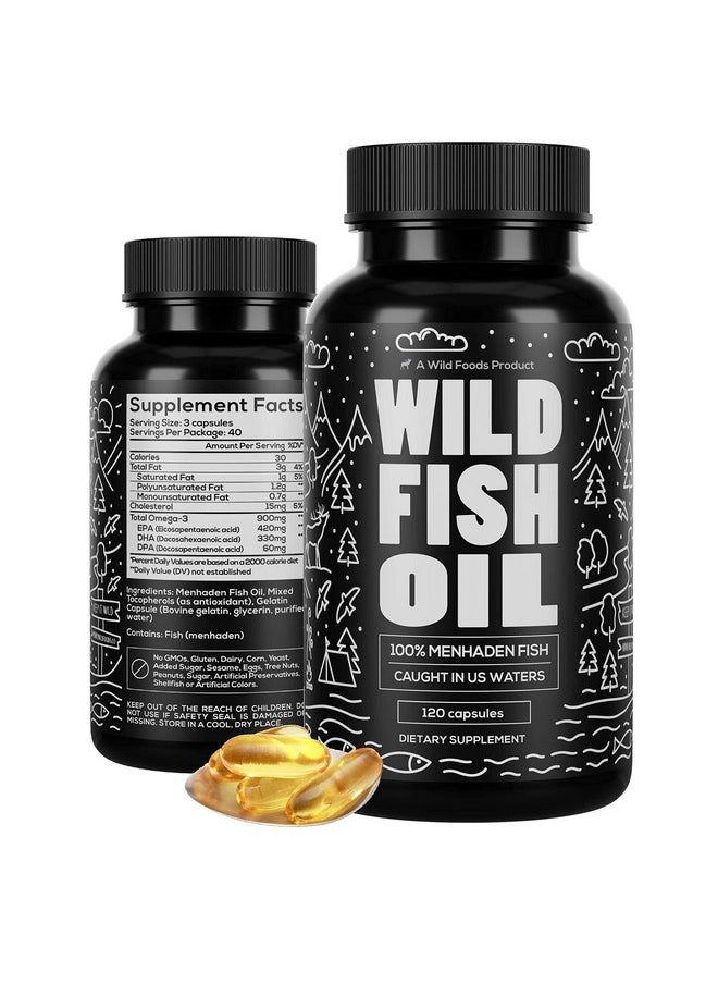 Wild Foods - Wild Fish Oil Omega 3 Supplement ; Dpa Dha & Epa Wild Menhaden Caught U.S. Processed ; Nongmo & Gluten Free Health Supplements ; Nutritional Support ; 120 Capsules - Image 1