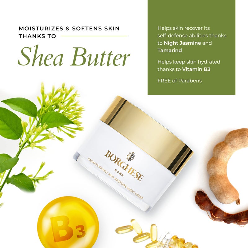 Borghese Radiante Renew & Restore Night Creme - Hydrating Barrier Night Cream with Castor Oil, Shea Butter, & Vitamin B3, for All Skin Types - Image 4