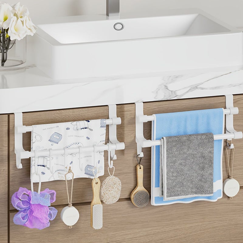 1 Piece White Double Rod Towel Rack With Hook No Drill Bathroom Vanity Installation Hand Towel Face Towel Bath Pouf Hanging Organizer - Image 2
