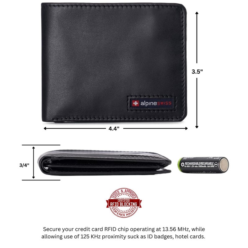 Alpine Swiss Mens Wallet for Men | RFID Protected Leather Mens Wallet | Spencer Bifold with Divided Bill Section | Gift Box | 2 ID Windows | 14 Card Storage Pockets for Organization Glossy Nappa Black - Image 3