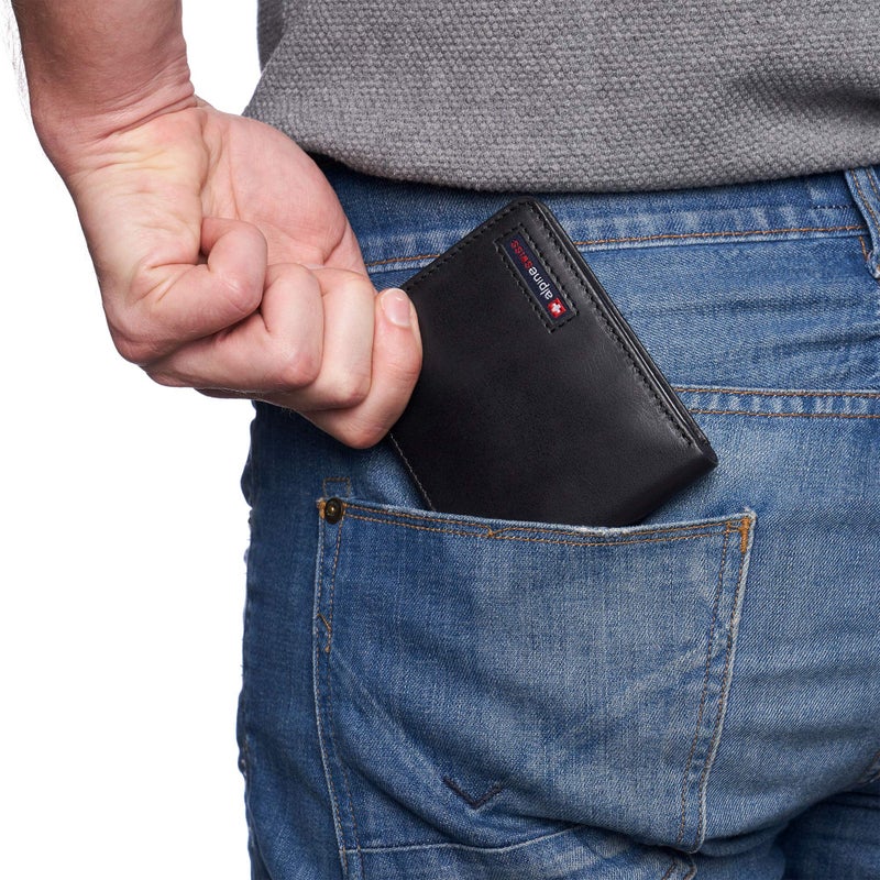 Alpine Swiss Mens Wallet for Men | RFID Protected Leather Mens Wallet | Spencer Bifold with Divided Bill Section | Gift Box | 2 ID Windows | 14 Card Storage Pockets for Organization Glossy Nappa Black - Image 4