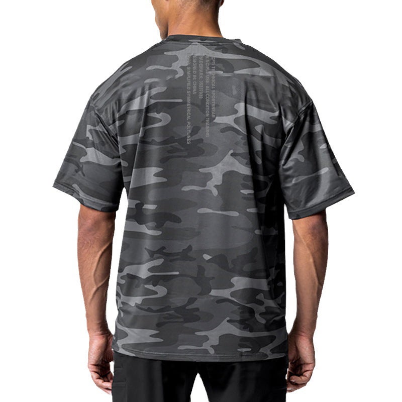 Muscle fitness men''s sports short sleeve fashion round neck T-shirt quick-drying men''s breathable camouflage training clothes loose casual - Image 1