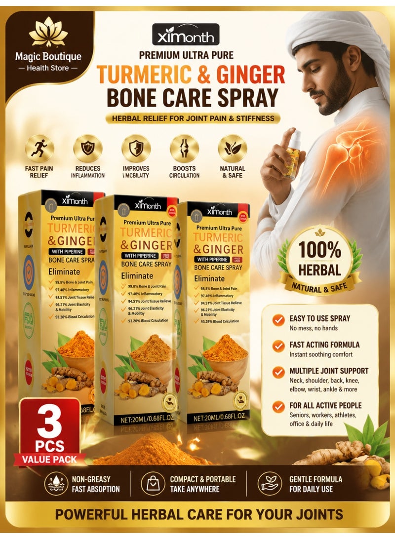 Ximonth 3-Pack Turmeric & Ginger Bone Care Spray 20ml, Natural Joint & Muscle Pain Relief Spray with Piperine, Relieves Inflammation & Improves Mobility - Image 1