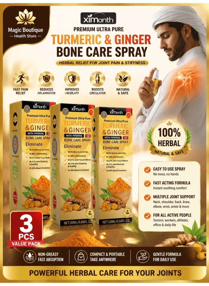 Ximonth 3-Pack Turmeric & Ginger Bone Care Spray 20ml, Natural Joint & Muscle Pain Relief Spray with Piperine, Relieves Inflammation & Improves Mobility - Image 2