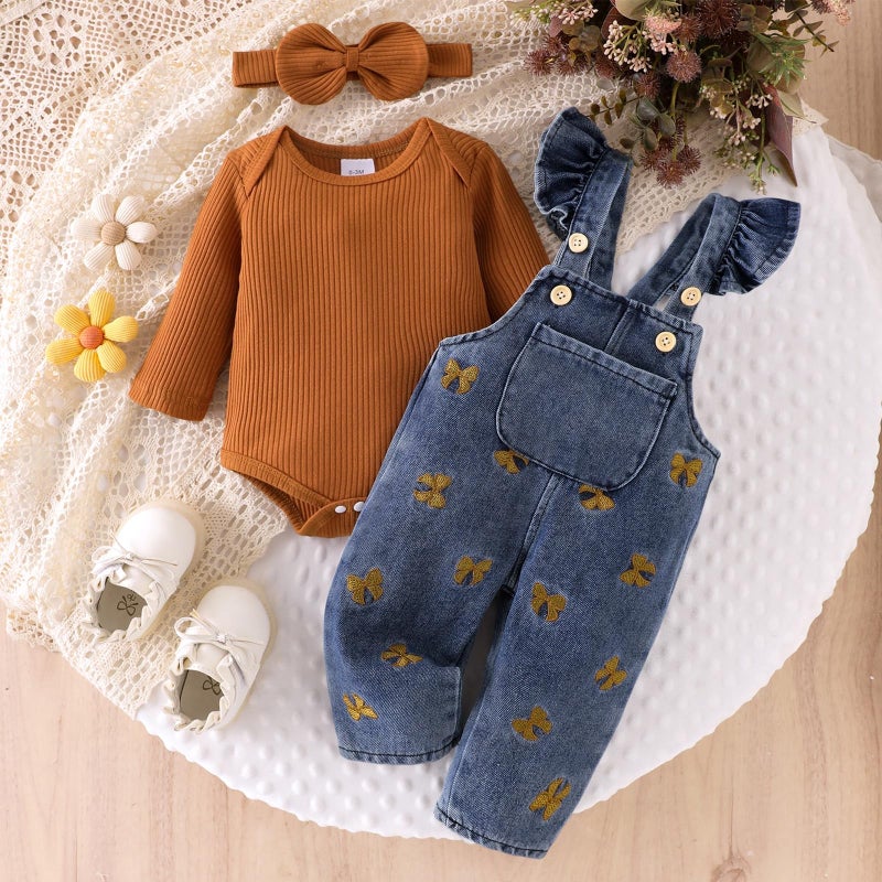 FOCICI 18 Month Girl Clothes Romper Infant Jeans Adjustable Suspender Overalls Cute Headband 3Pcs Fall Winter Outfits Set Brown - Image 2