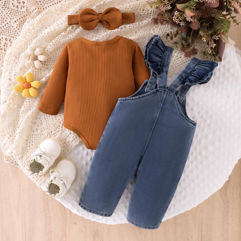 FOCICI 18 Month Girl Clothes Romper Infant Jeans Adjustable Suspender Overalls Cute Headband 3Pcs Fall Winter Outfits Set Brown - Image 3