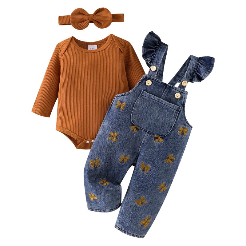 FOCICI 18 Month Girl Clothes Romper Infant Jeans Adjustable Suspender Overalls Cute Headband 3Pcs Fall Winter Outfits Set Brown - Image 1