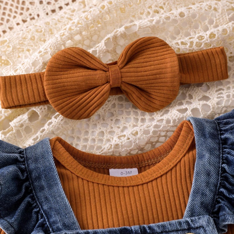 FOCICI 18 Month Girl Clothes Romper Infant Jeans Adjustable Suspender Overalls Cute Headband 3Pcs Fall Winter Outfits Set Brown - Image 4