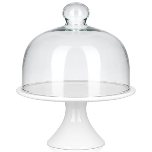 ERINGOGO Cake Stand 8 inch Ceramic Cake Stand, Footed Cake Plate with Glass Dome, Dessert Serving Platter Cheese Board, Wedding Server Tray for Pastries, Doughnuts, Muffin Wedding Decor - Image 1