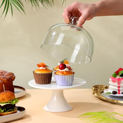 ERINGOGO Cake Stand 8 inch Ceramic Cake Stand, Footed Cake Plate with Glass Dome, Dessert Serving Platter Cheese Board, Wedding Server Tray for Pastries, Doughnuts, Muffin Wedding Decor - Image 4