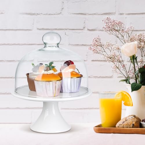 ERINGOGO Cake Stand 8 inch Ceramic Cake Stand, Footed Cake Plate with Glass Dome, Dessert Serving Platter Cheese Board, Wedding Server Tray for Pastries, Doughnuts, Muffin Wedding Decor - Image 5