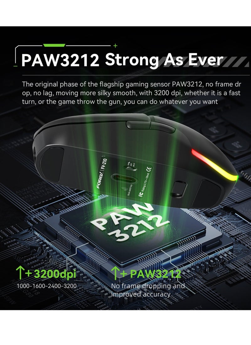 FV-210 قابلة لإعادة الشحن، وضعين، بلوتوث BT5.1 و2.4 جيجاهرتز، اتصال لاسلكي - نقرة صامتة - 4 أزرار - زر تشغيل/إيقاف موفر للطاقة 500 مللي أمبير/ساعة - مستشعر بصري PAW 3212 / 3200 نقطة في البوصة - تصميم Apandics - طلاء مقاوم للأشعة فوق البنفسجية - للألعاب، والأعمال المكتبية، وأنظمة WIN / iOS / Android
