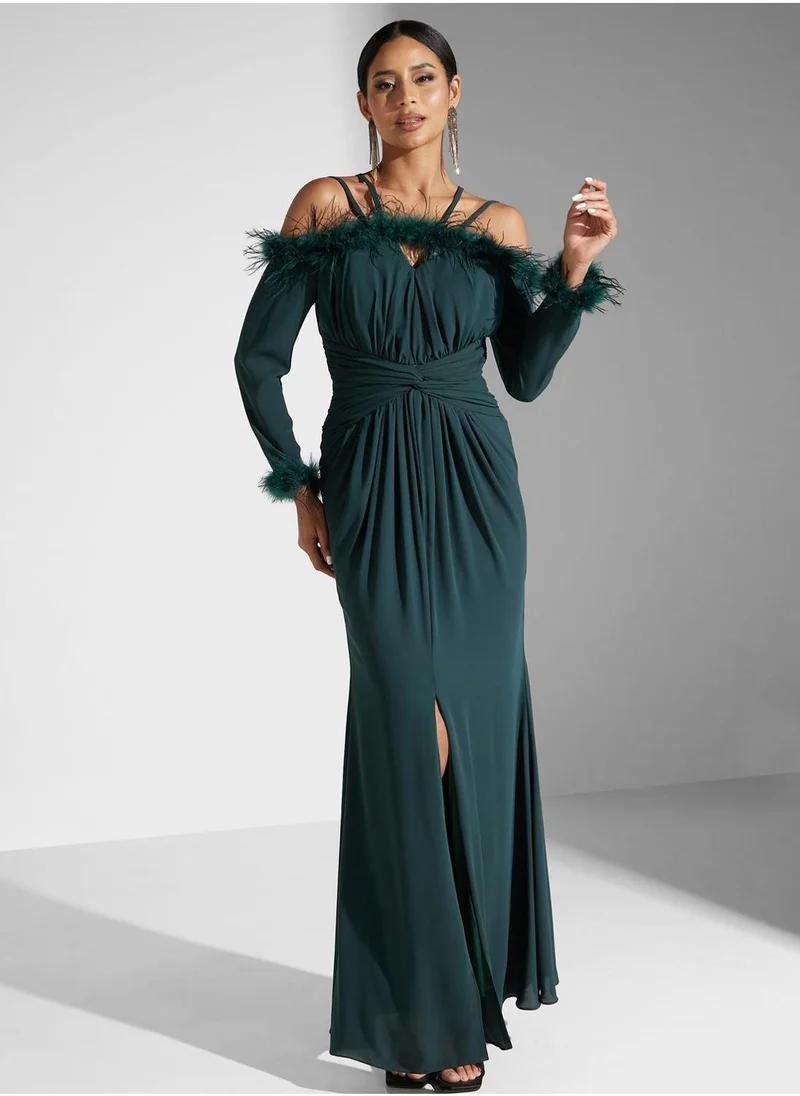 Akadia Fashion Feather Trim Gown Dress