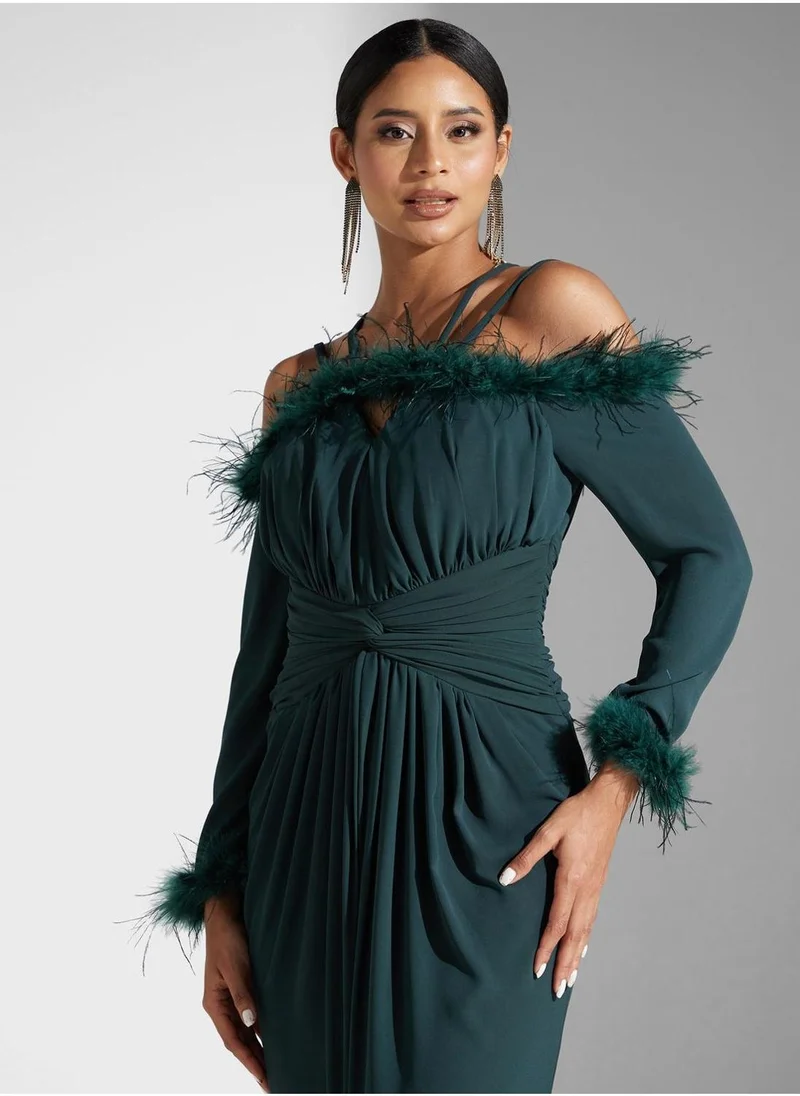 Akadia Fashion Feather Trim Gown Dress
