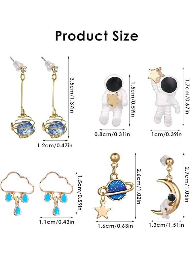 4 أزواج من أقراط الفضاء للنساء، أقراط متدلية على شكل رائد فضاء على شكل كوكب ونجم وقمر، مجوهرات لطيفة ورائعة للفتيات - Image 2