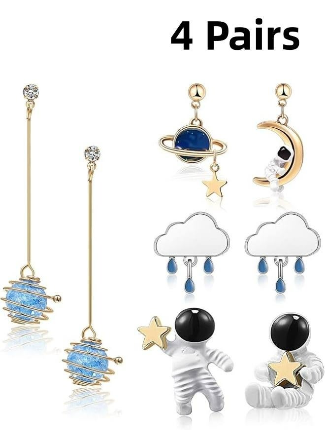 4 أزواج من أقراط الفضاء للنساء، أقراط متدلية على شكل رائد فضاء على شكل كوكب ونجم وقمر، مجوهرات لطيفة ورائعة للفتيات - Image 1