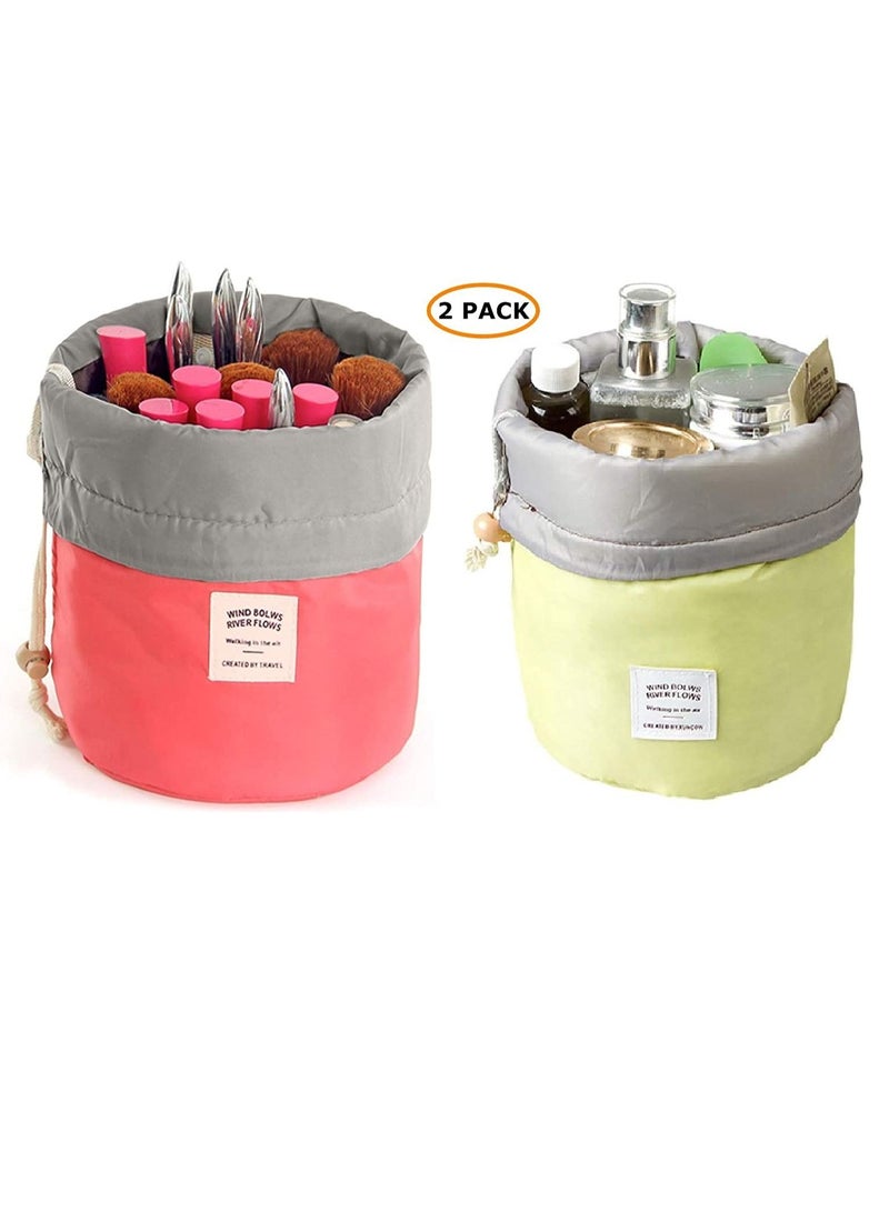 Rubik 2 in 1 Travel Cosmetic Barrel Bag Multifunctional Toiletry Bucket Round Storage Organizer Pocket Soft Collapsible Waterproof (Red/Yellow) - Image 1