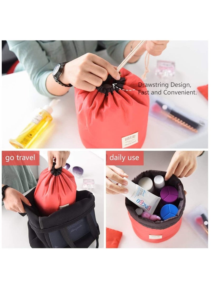 Rubik 2 in 1 Travel Cosmetic Barrel Bag Multifunctional Toiletry Bucket Round Storage Organizer Pocket Soft Collapsible Waterproof (Red/Yellow) - Image 2