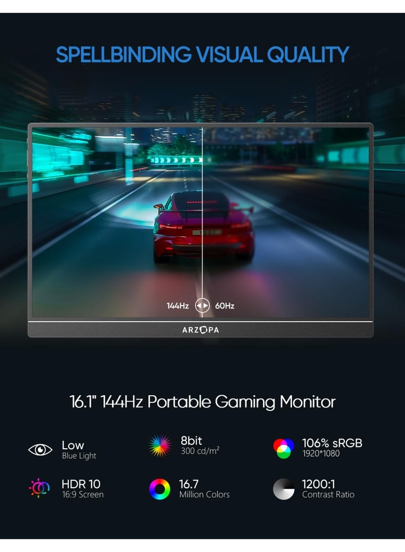 ARZOPA 16.1'' 144Hz Portable Gaming Monitor, 106% sRGB 1080P FHD Kickstand Portable Monitor with HDR, Ultra Slim, Eye Care, External Second Screen for Laptop, PC, PS5, Mac, Xbox-Z1FC - Image 3