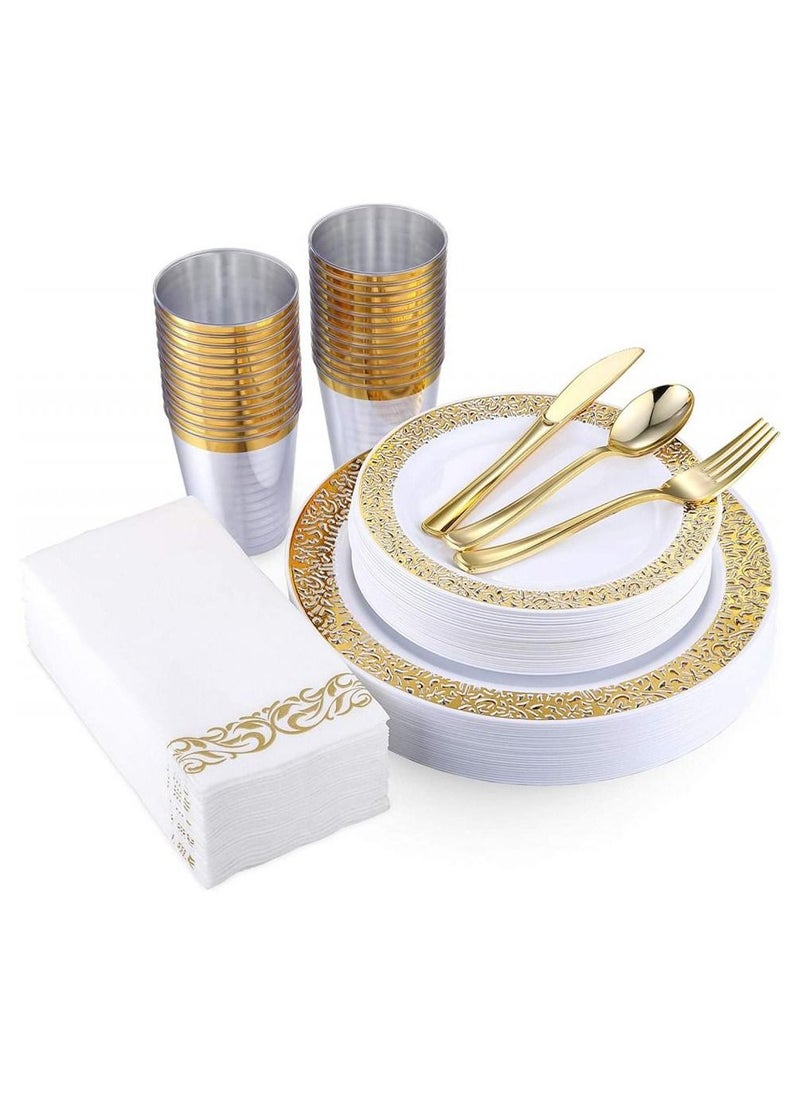 Alissa 175 Piece Gold Dinnerware Set For 25 Guest 50 Gold Lace Plastic Plates 25 Gold Plastic Silverware 25 Gold Plastic Cups 25 Linen Like Gold Paper Napkins Disposable Dinnerware Set  - Image 1