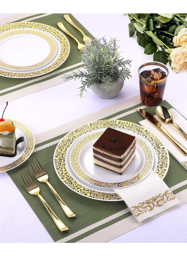 Alissa 175 Piece Gold Dinnerware Set For 25 Guest 50 Gold Lace Plastic Plates 25 Gold Plastic Silverware 25 Gold Plastic Cups 25 Linen Like Gold Paper Napkins Disposable Dinnerware Set  - Image 2