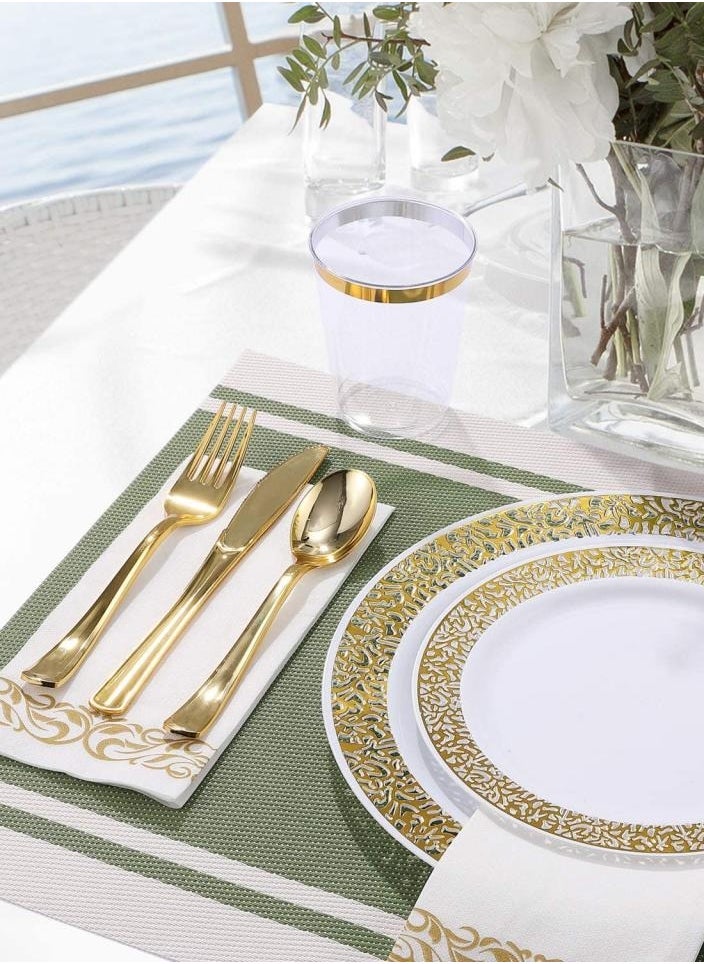 Alissa 175 Piece Gold Dinnerware Set For 25 Guest 50 Gold Lace Plastic Plates 25 Gold Plastic Silverware 25 Gold Plastic Cups 25 Linen Like Gold Paper Napkins Disposable Dinnerware Set  - Image 3