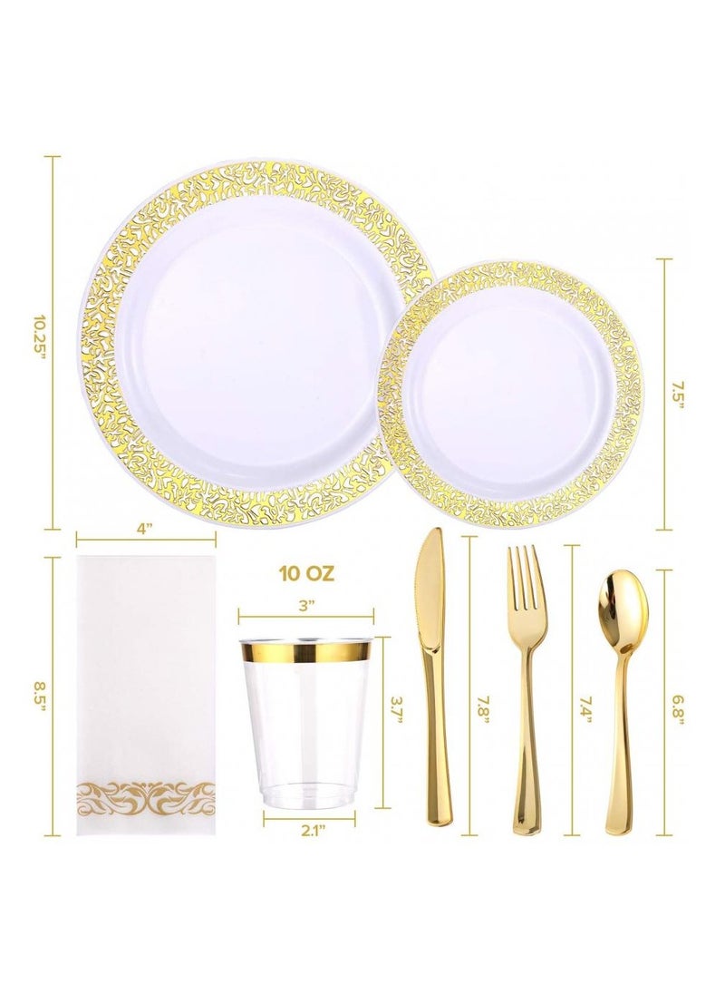 Alissa 175 Piece Gold Dinnerware Set For 25 Guest 50 Gold Lace Plastic Plates 25 Gold Plastic Silverware 25 Gold Plastic Cups 25 Linen Like Gold Paper Napkins Disposable Dinnerware Set  - Image 5